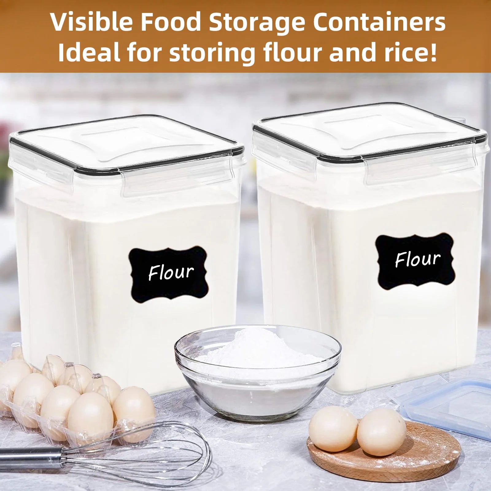 4 Pcs 5.2L/183Oz Square Airtight Cereal Container Flour Storage with Lids, Plastic Kitchen and Organization Canisters for Cereal, Includes Spoons, Labels and a Pen