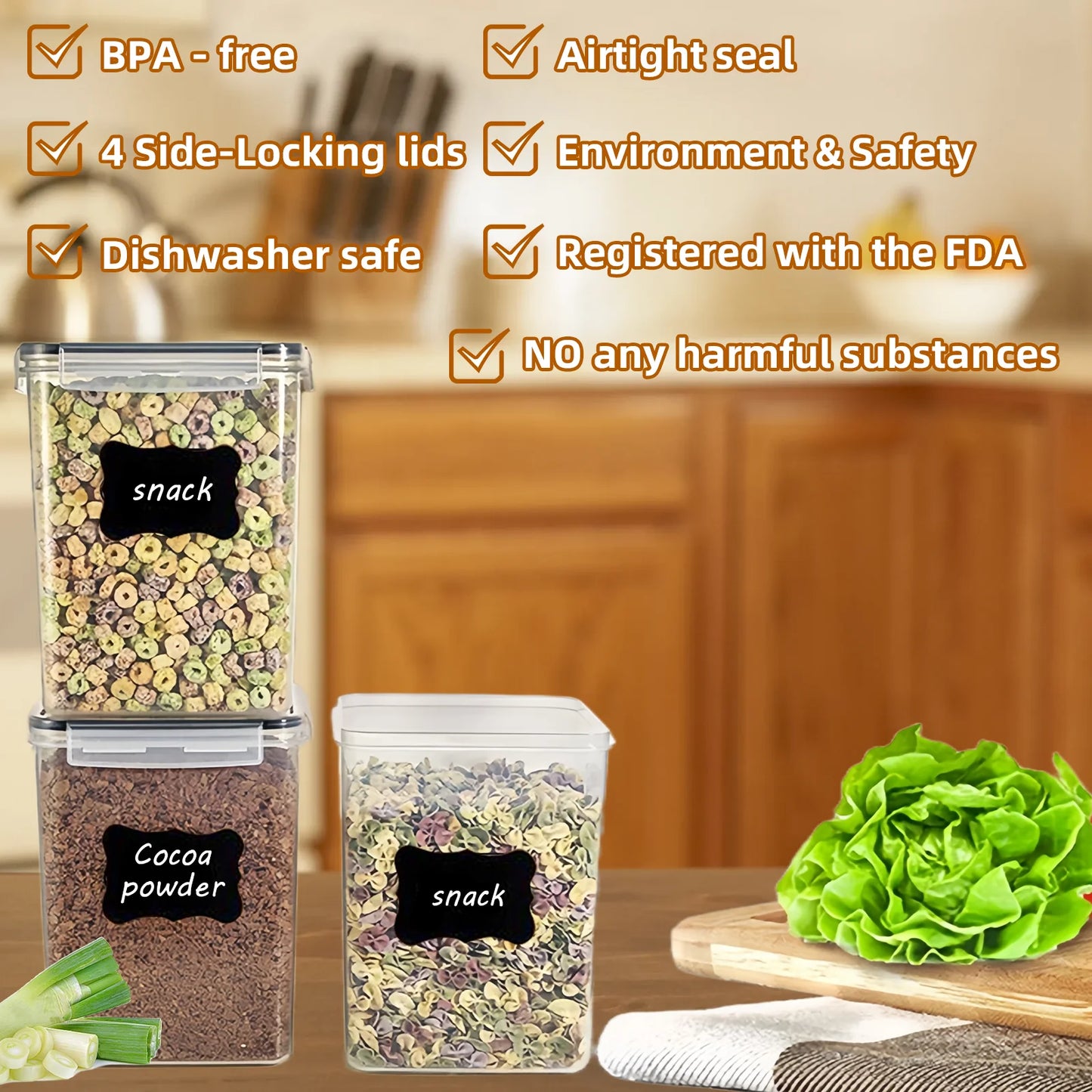 4 Pcs 5.2L/183Oz Square Airtight Cereal Container Flour Storage with Lids, Plastic Kitchen and Organization Canisters for Cereal, Includes Spoons, Labels and a Pen
