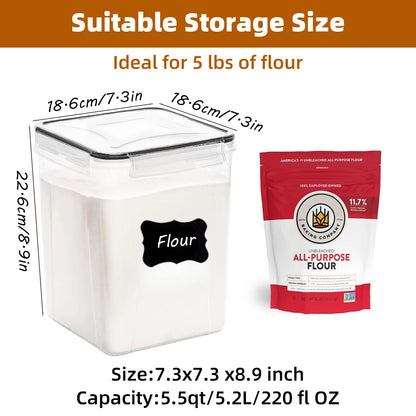 4 Pcs 5.2L/183Oz Square Airtight Cereal Container Flour Storage with Lids, Plastic Kitchen and Organization Canisters for Cereal, Includes Spoons, Labels and a Pen