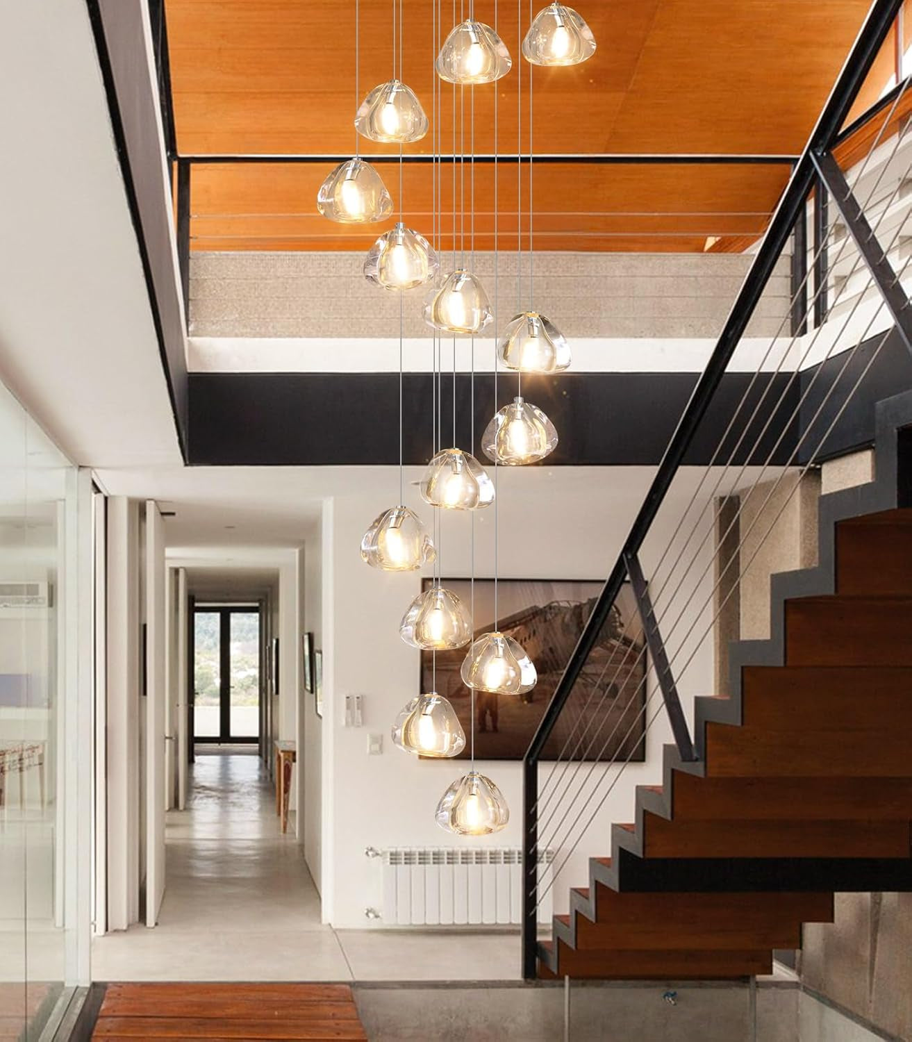 14 Lights Chandeliers Modern LED Crystal Ceiling Light Flush Mount Sloped High Ceiling Light Staircase Luxury Pendant Light Living Room Entryway Foyer Chandelier 138"