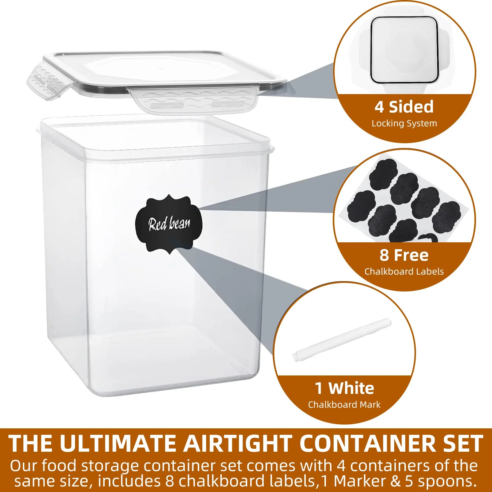 4 Pcs 5.2L/183Oz Square Airtight Cereal Container Flour Storage with Lids, Plastic Kitchen and Organization Canisters for Cereal, Includes Spoons, Labels and a Pen