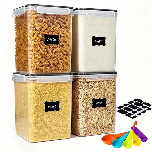 4 Pcs 5.2L/183Oz Square Airtight Cereal Container Flour Storage with Lids, Plastic Kitchen and Organization Canisters for Cereal, Includes Spoons, Labels and a Pen