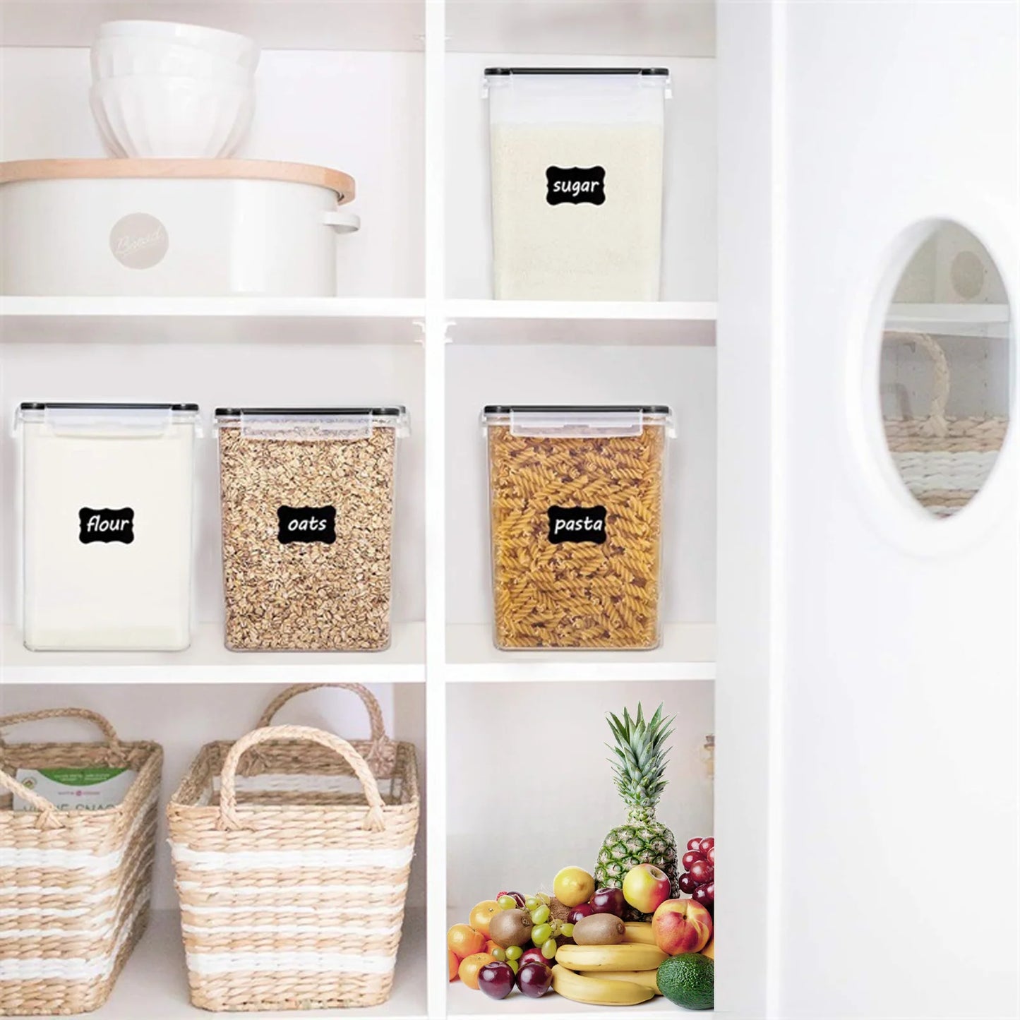 4 Pcs 5.2L/183Oz Square Airtight Cereal Container Flour Storage with Lids, Plastic Kitchen and Organization Canisters for Cereal, Includes Spoons, Labels and a Pen